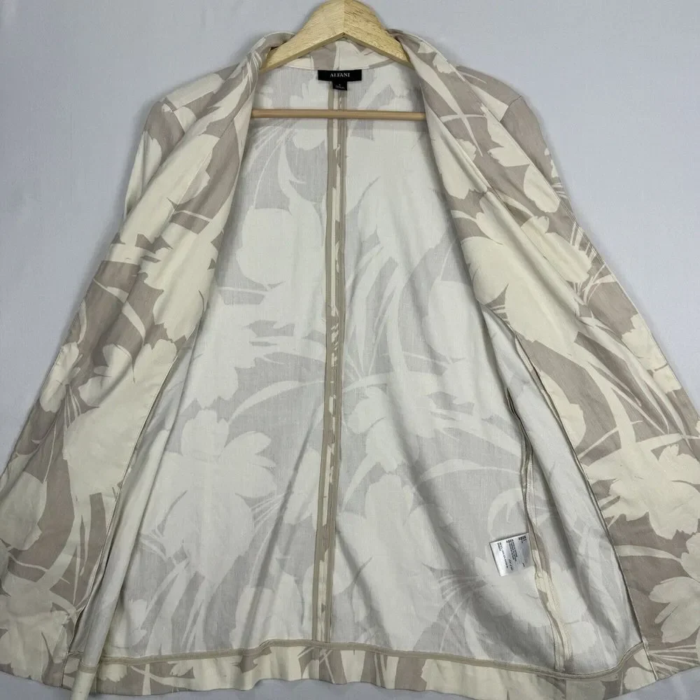 Alfani Floral Linen Cardigan Size Small Long Tan Draped Open Front Ruched Sleeve